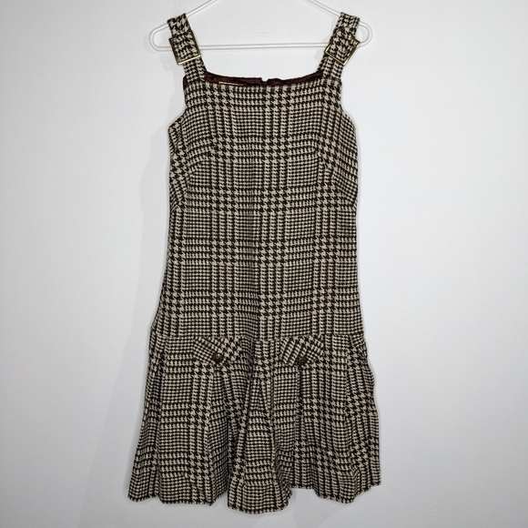 Vintage Chequers brown tan hounds tooth wool blend jumper dress 7 - Picture 1 of 9